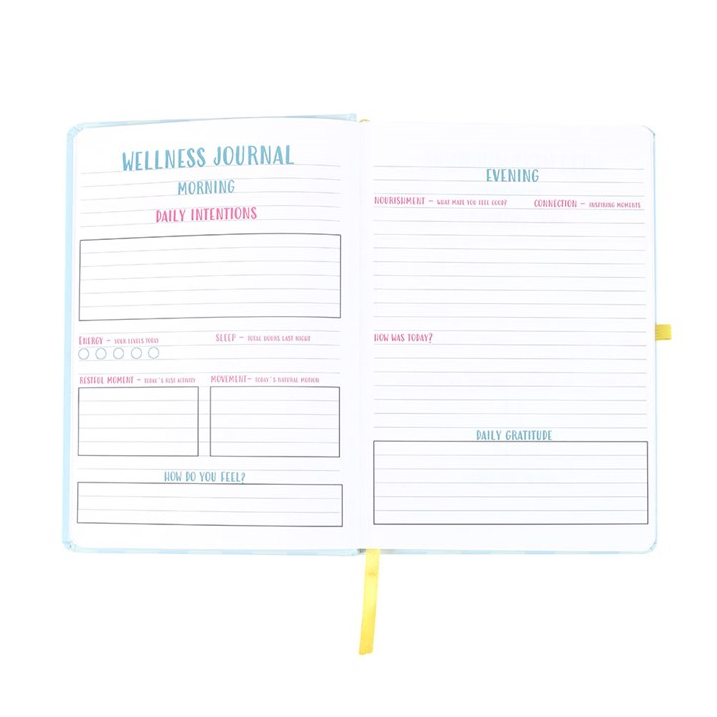 Wellness journal template with various sections on a white background