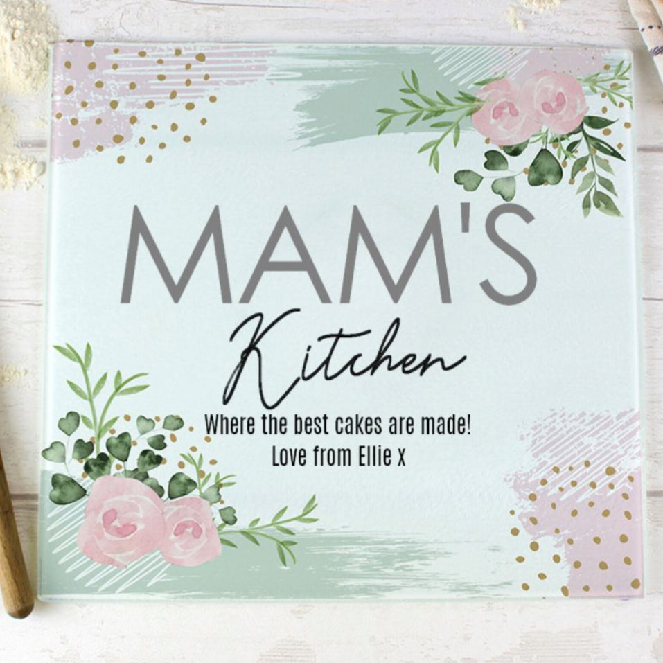 Personalised Abstract Rose Glass Chopping Board/Worktop Saver