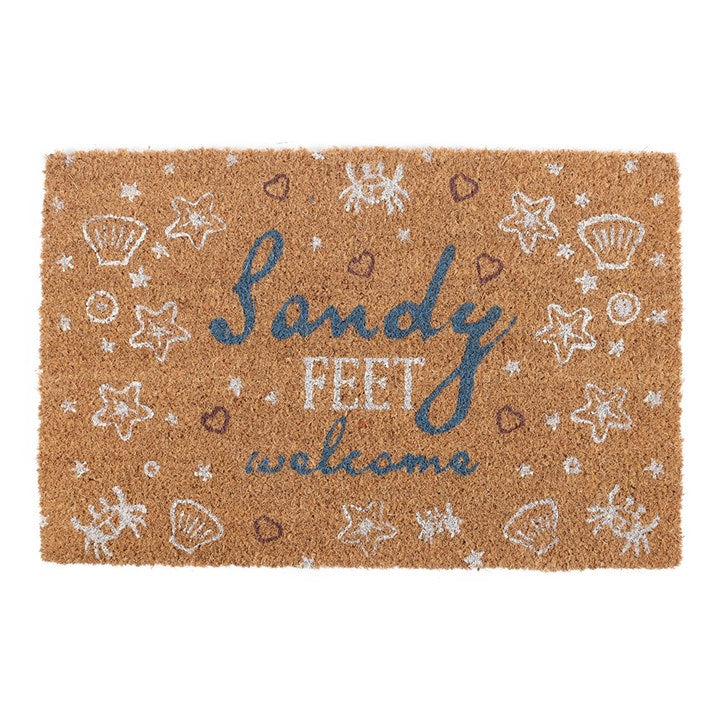 Natural Coir Doormat – ‘Sandy Feet Welcome’ Coastal Beach Design