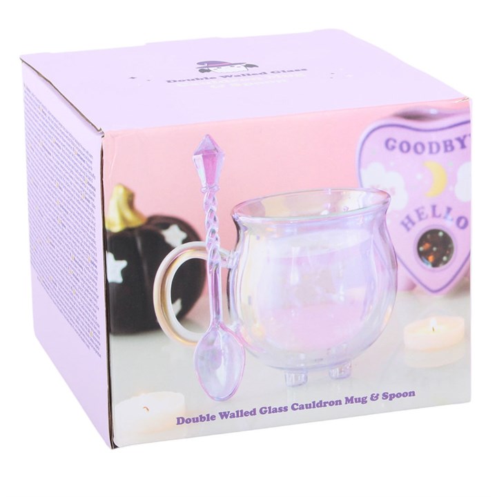 Purple Double Walled Glass Cauldron Mug with Spoon | Mystical Drinkware | 300ml