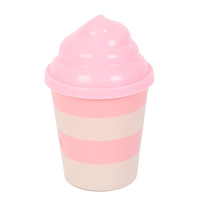 Pink and white striped cup with a lid on a white background