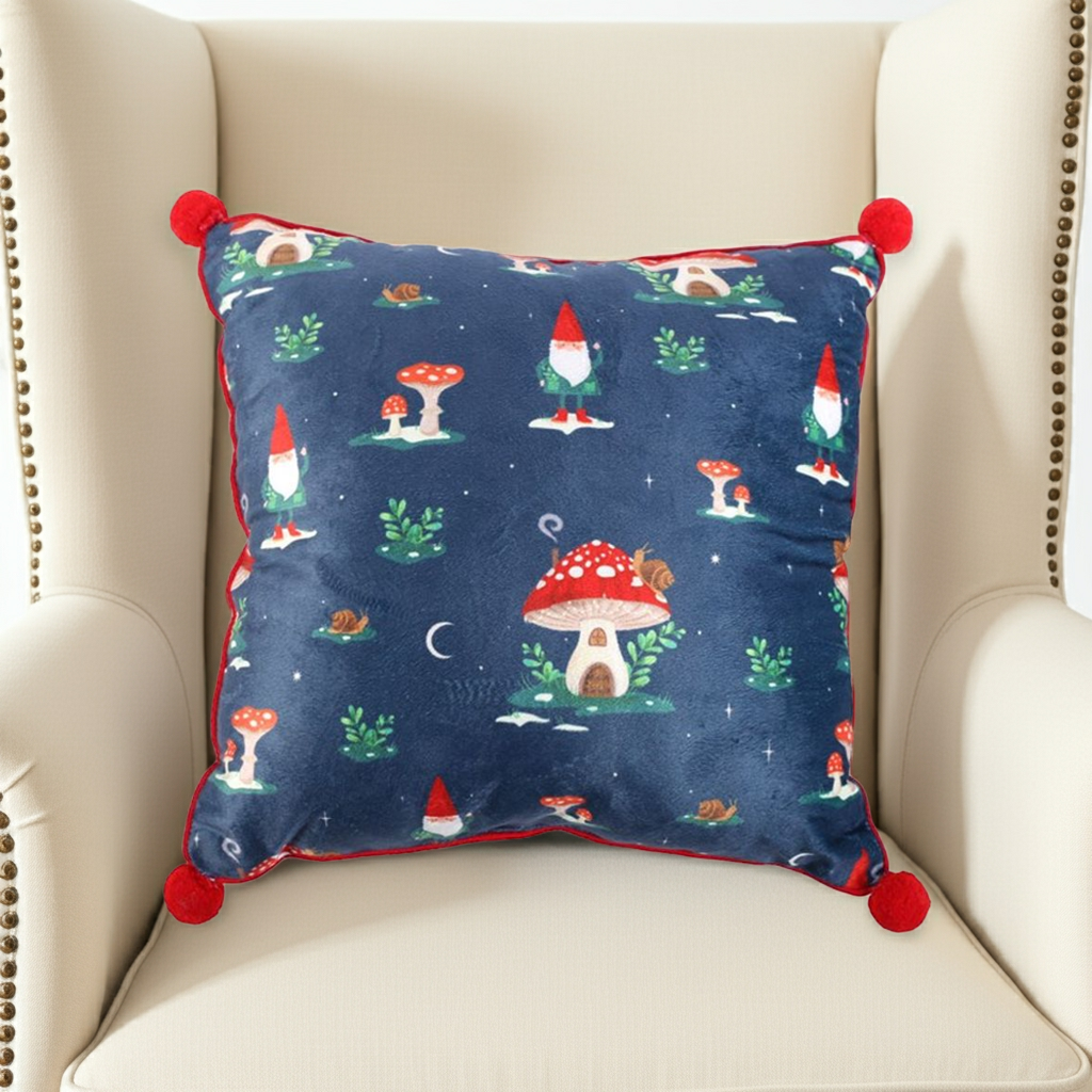35cm Square Gnome Print Cushion with Pom Poms