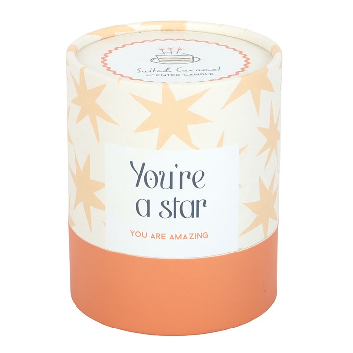 Candle with star design and text 'You're a star' on a white background