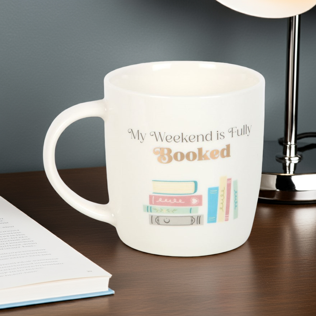 "My Weekend is Fully Booked" Ceramic Mug – 350ml Book Lover Gift