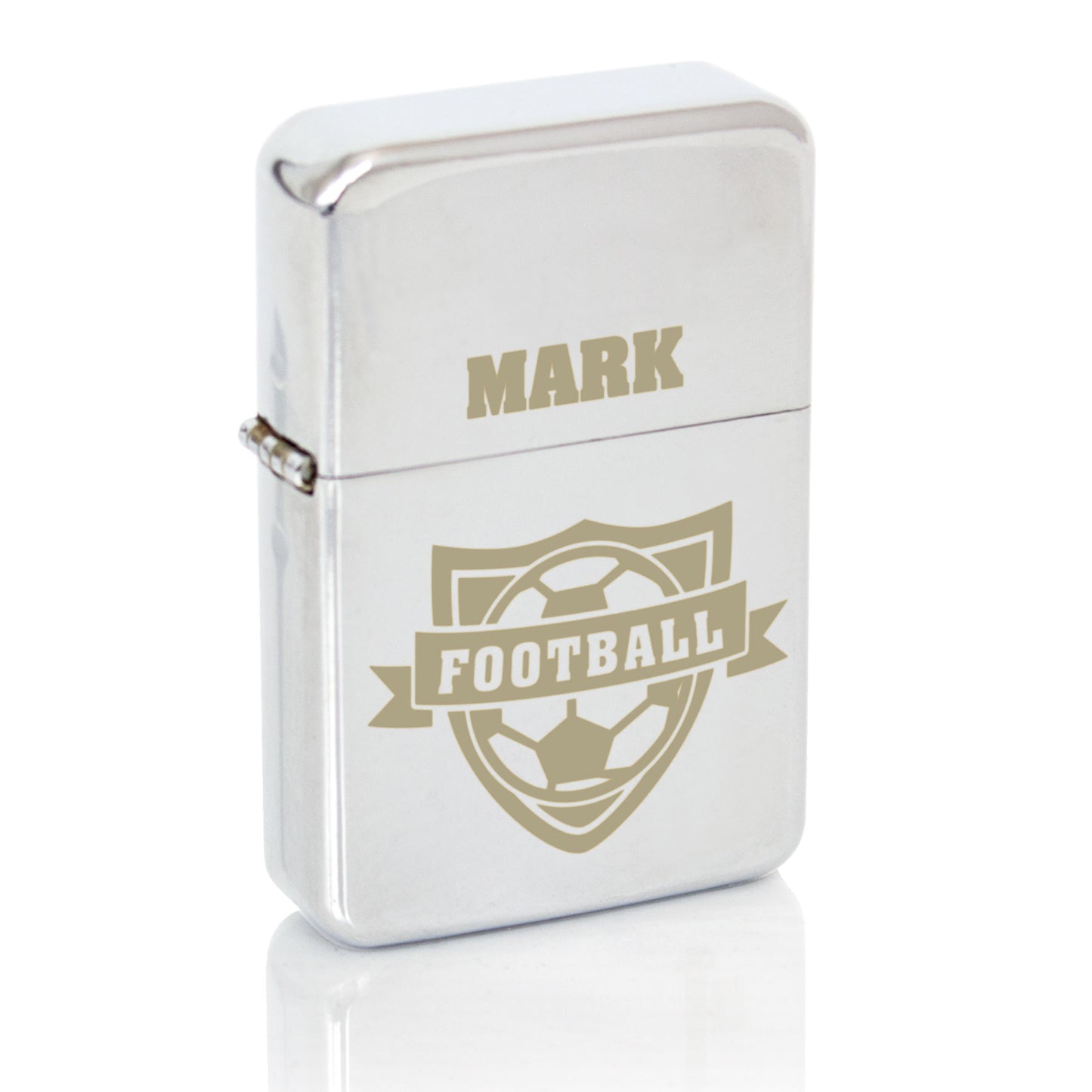 Silver colour lighter with football motif and personalised name