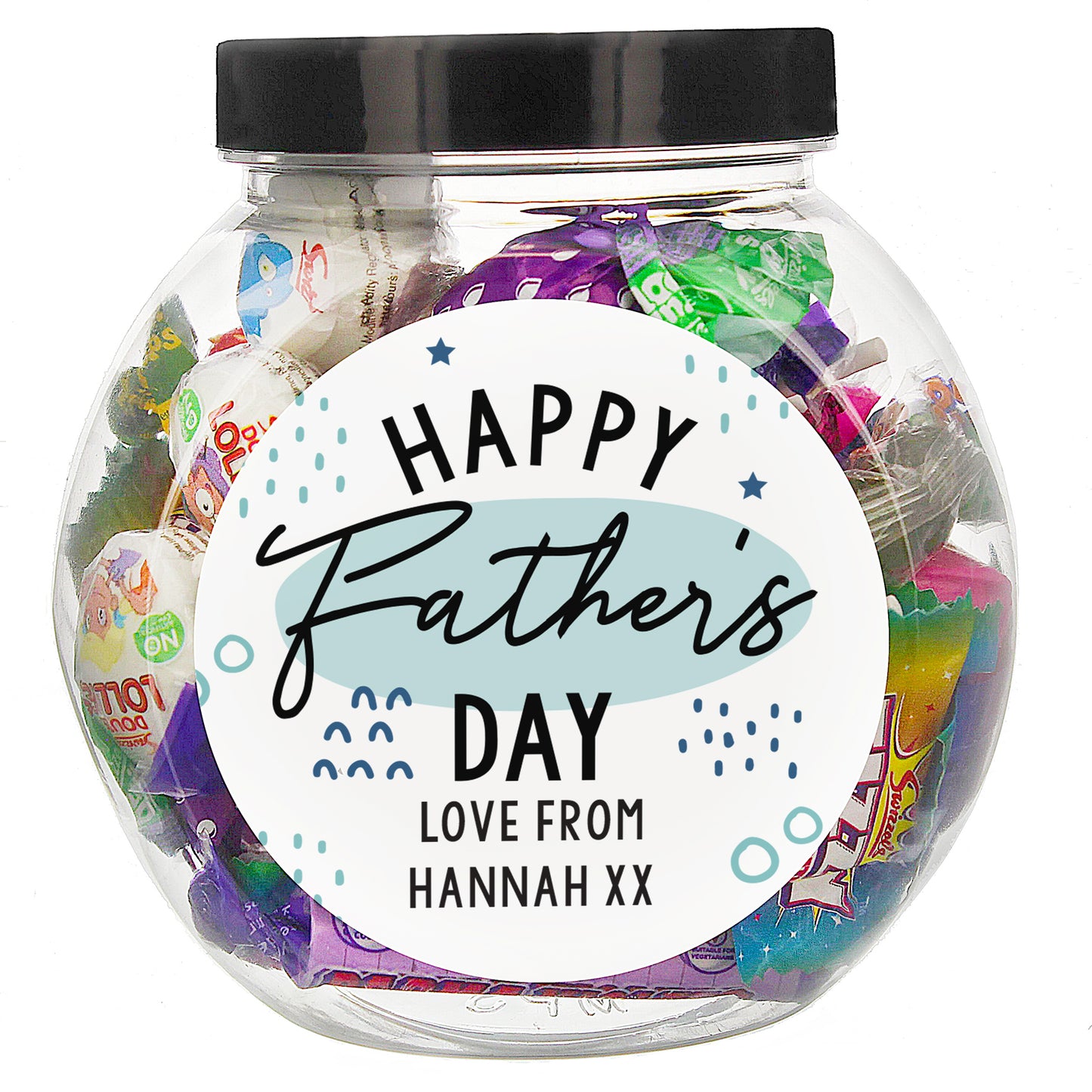 A jar of sweets personalised with a label for Father’s Day