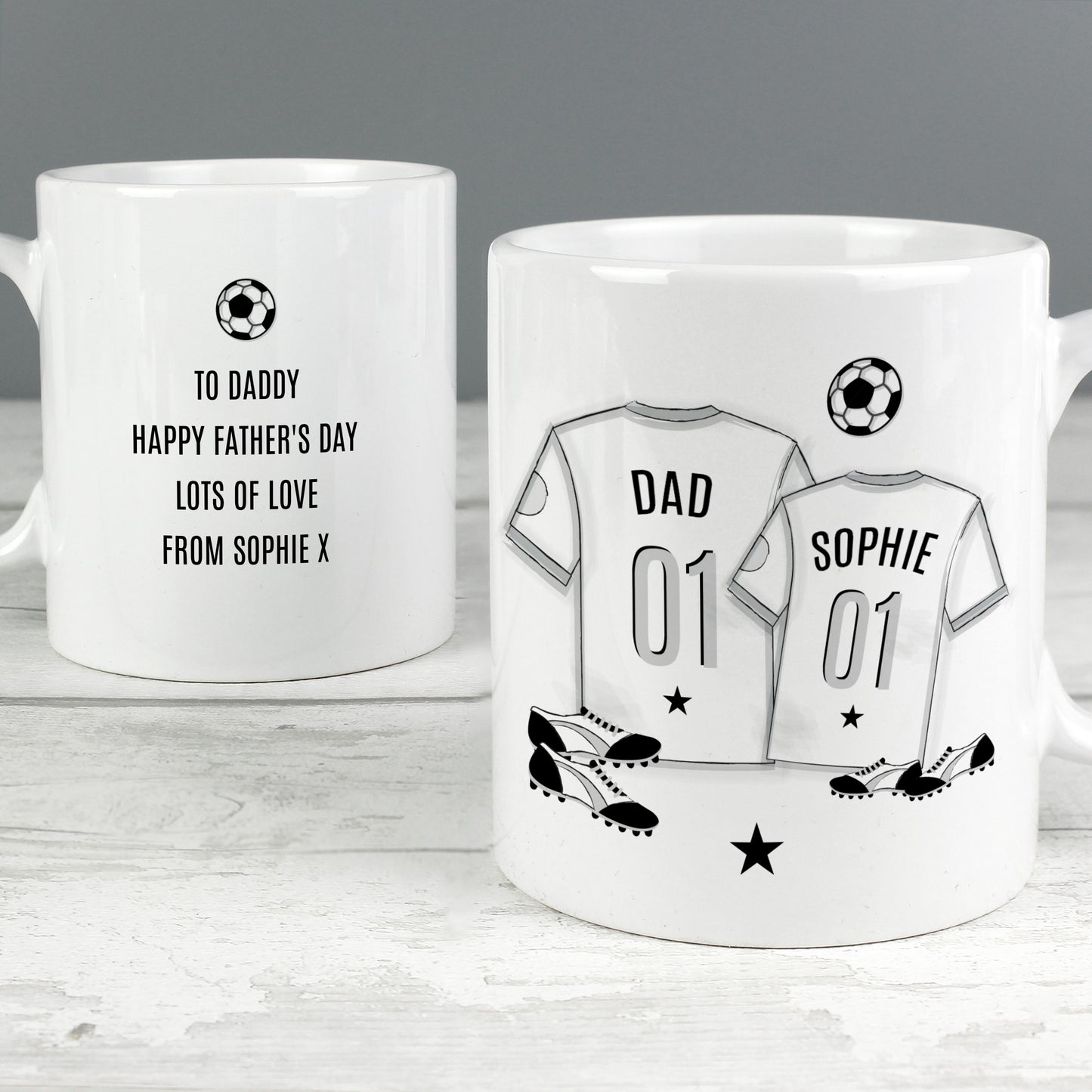 Mug with T-shirt print with personalised name. 1 large T-shirt and 1 small T-shirt with football and football boots in background. Plus another mug showing the alternative side with a personalised message.