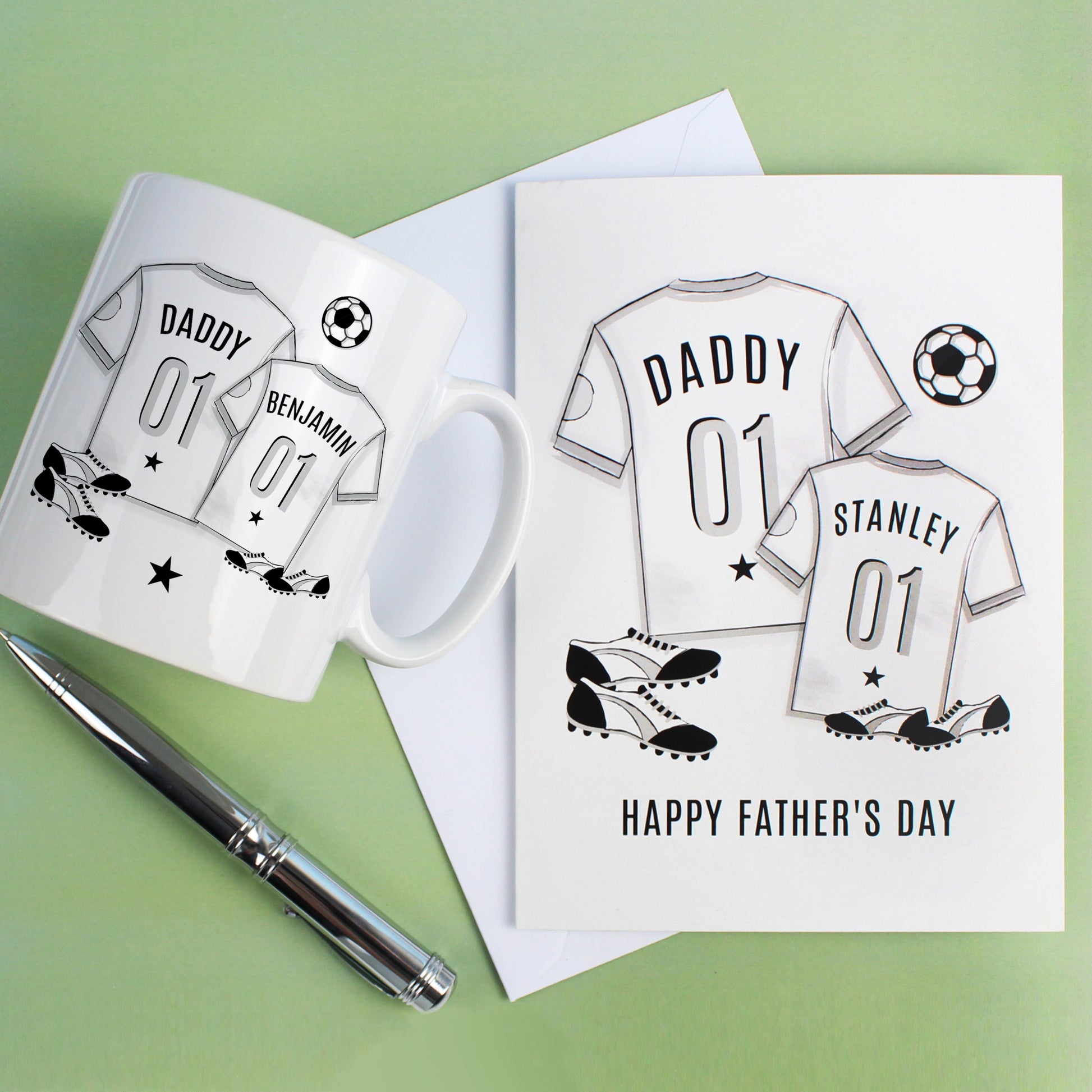 Mug with T-shirt print with personalised name. 1 large T-shirt and 1 small T-shirt with football and football boots in background. Plus a greetings card with matching design.