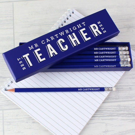Dark blue box filled with personalised pencils