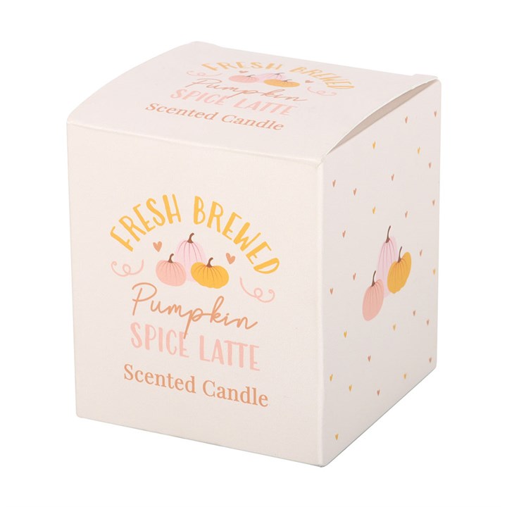 Box of a scented candle with pumpkin spice latte design on a white background