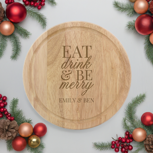 Personalised Eat Drink & Be Merry Round Chopping Board