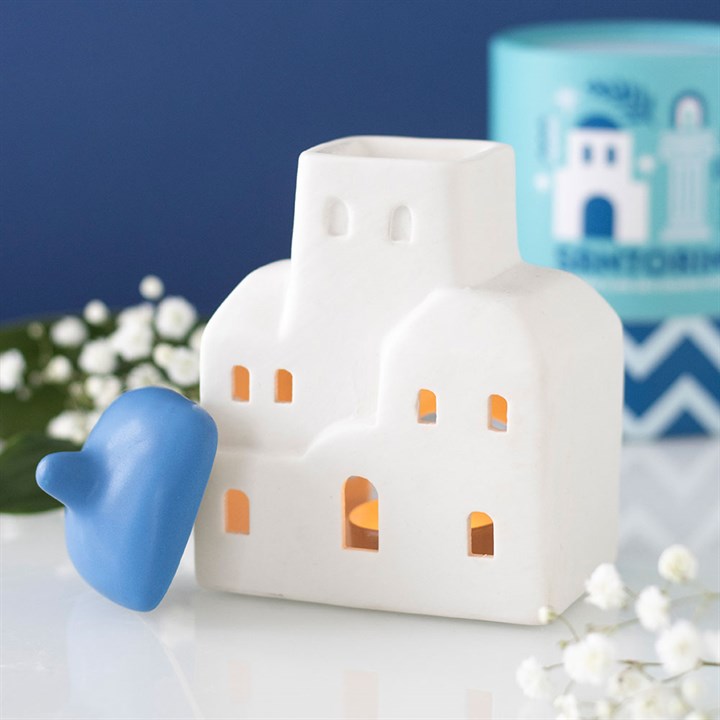 White ceramic Santorini inspired House Oil and Wax Burner with blue roof lid