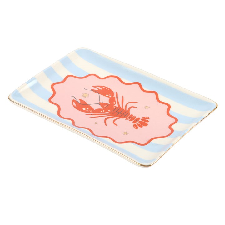 Rectangular trinket dish with a red lobster design on a striped background
