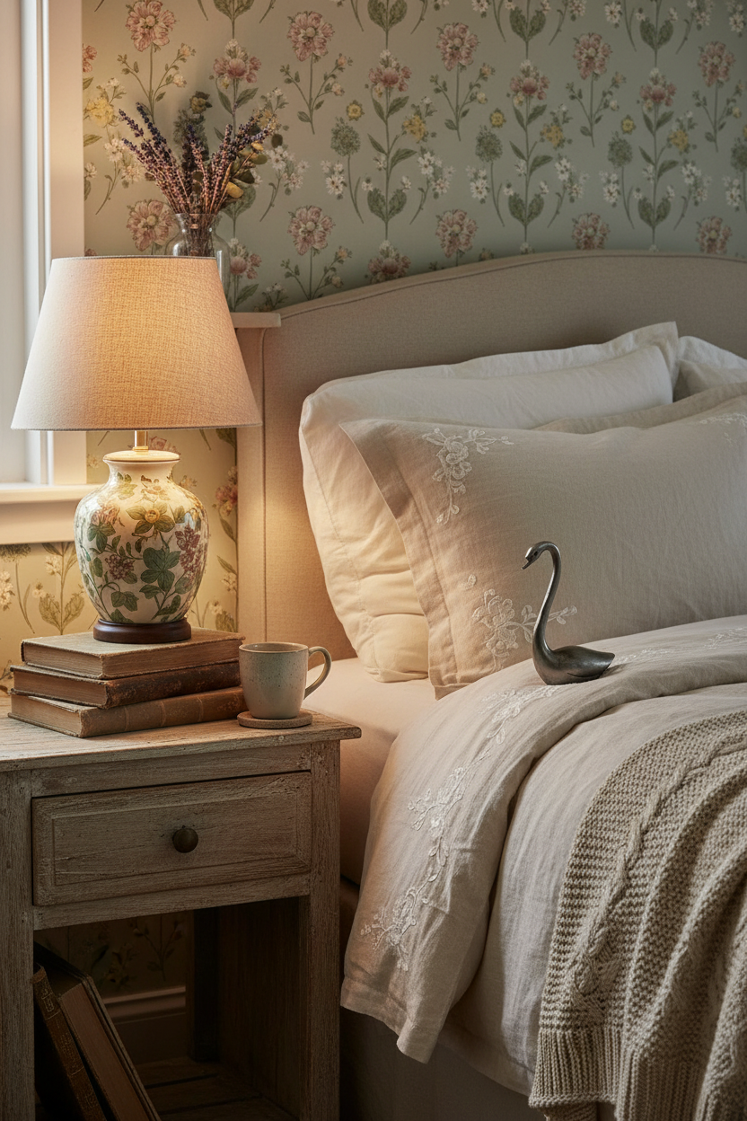 Cozy bedroom with floral wallpaper, bed with pillows, and nightstand with lamp and books. Swan ring holder on bed.
