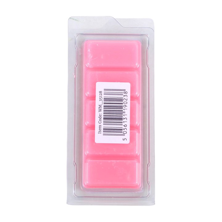 Pink wax melts in a clear plastic clamshell package with a white barcode label on a white background.
