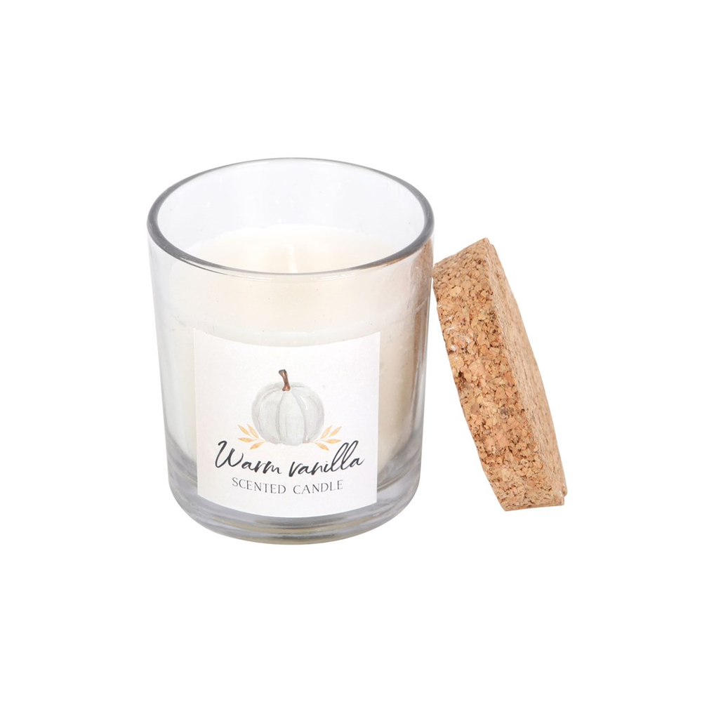 Vegan paraffin wax vanilla scented candle in rustic glass holder