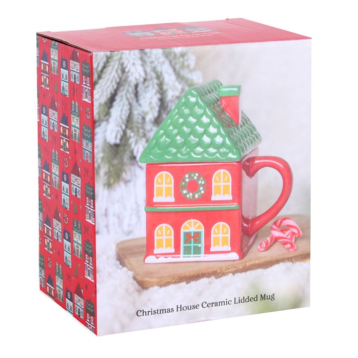 Red Christmas House Lidded Mug
