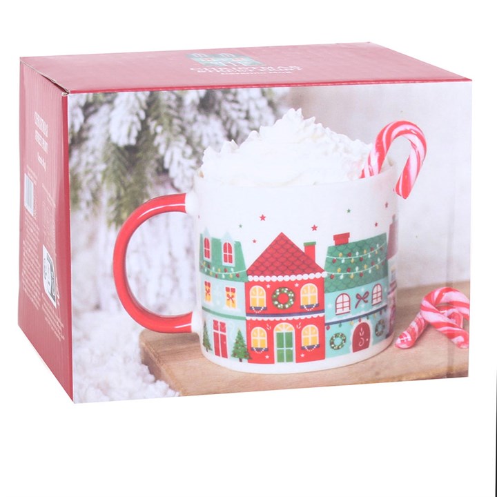 Christmas-themed mug with candy cane design in a decorative box