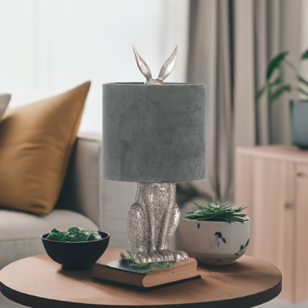 Silver Hare Table Lamp With Grey Velvet Shade