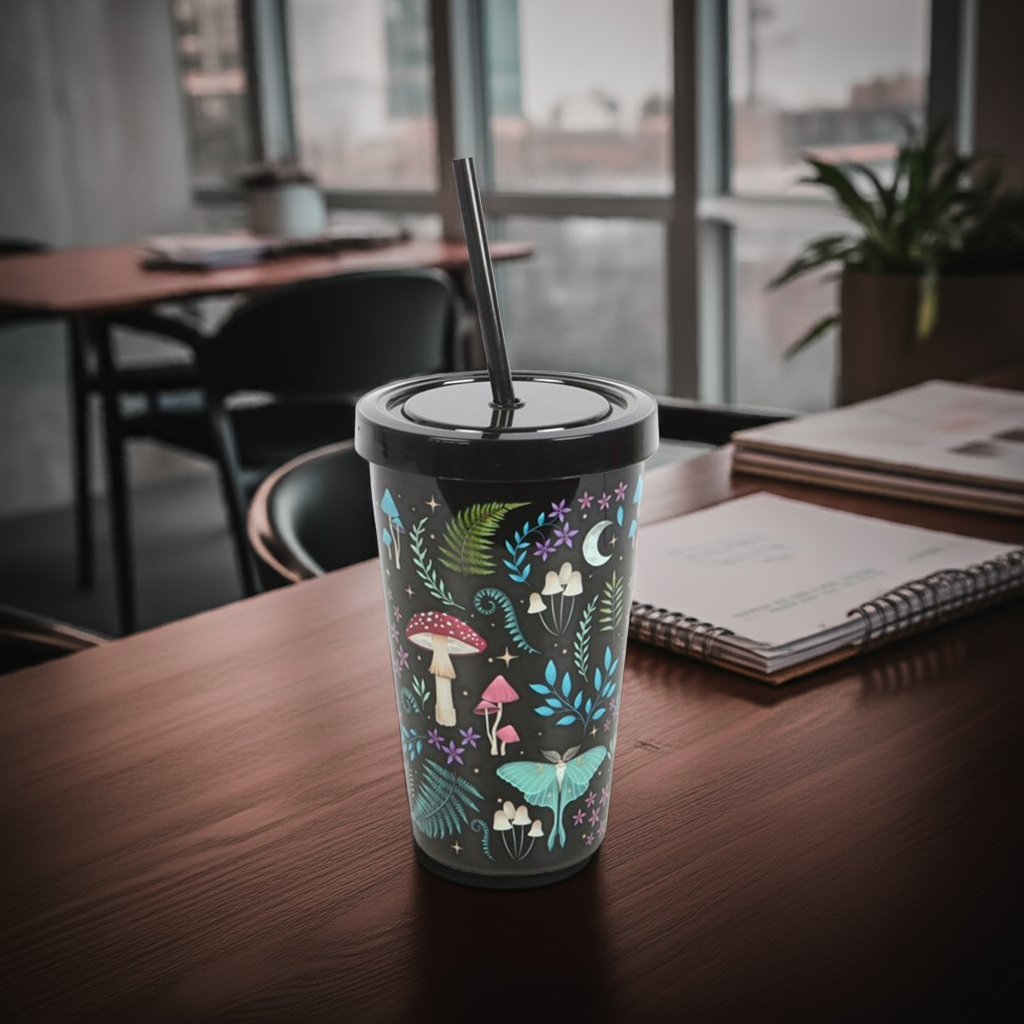 Dark Forest Print Plastic Tumbler with Straw