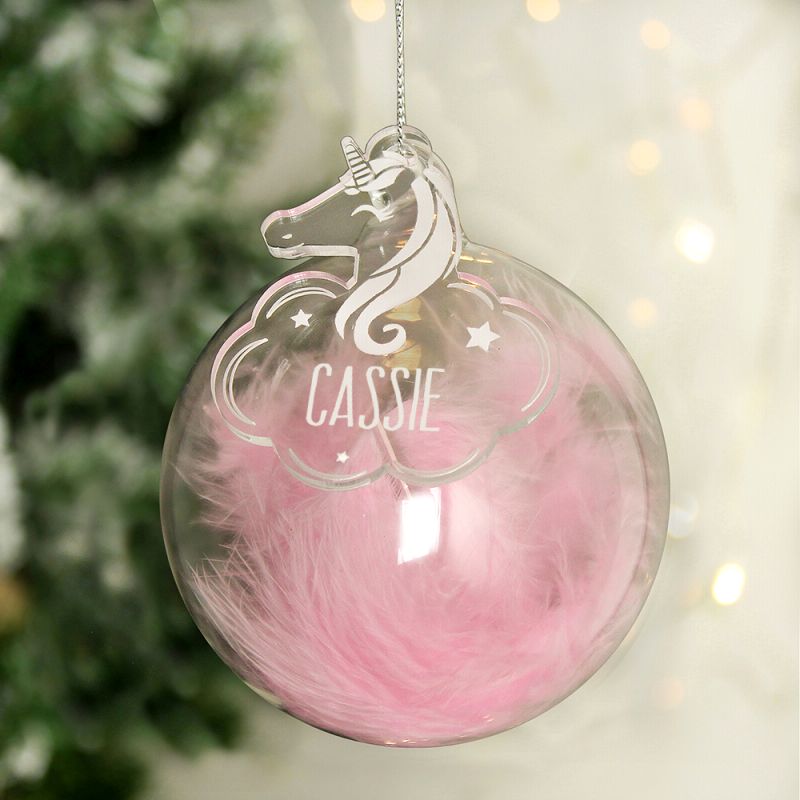 Personalised Pink Feather Glass Bauble With Unicorn Tag