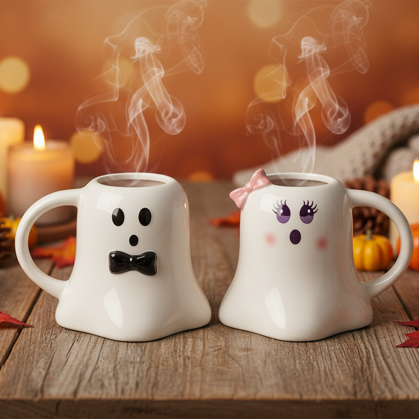 Mr and Mrs Boo Ghost Shaped Mug Set