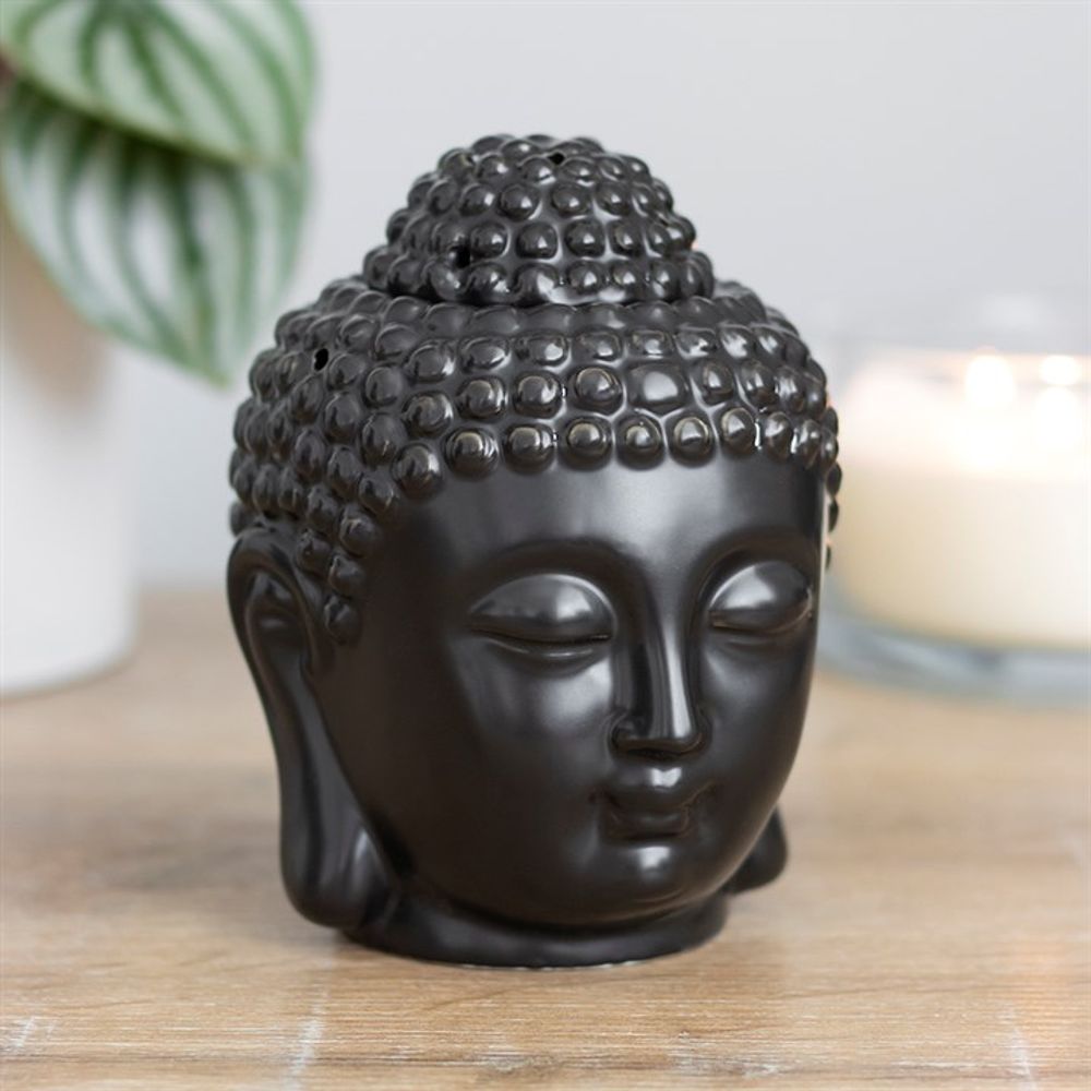 Matte Black Buddha Head Oil Burner & Wax Melt Warmer – Zen-Inspired Home Fragrance