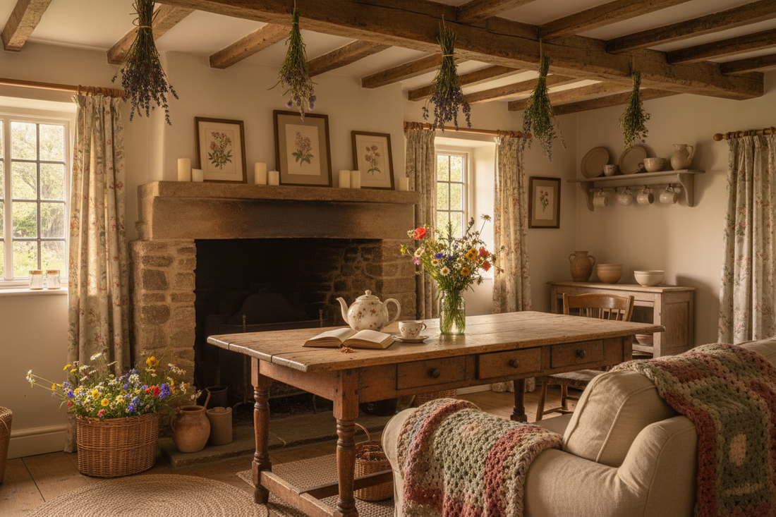 A cosy cottage home with cottage decor including blankets, flowers and a teapot