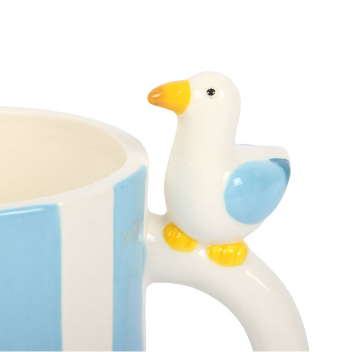 Striped Mug with Seagull | Coastal Ceramic Mug | Beach Hut Drinkware | 370ml