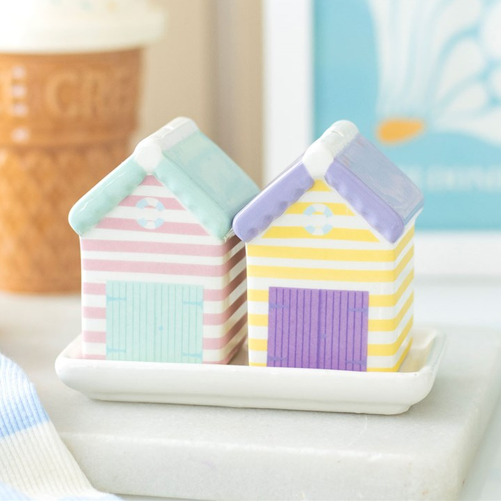 Pastel Beach Hut Salt & Pepper Shakers | Coastal Ceramic Kitchen Set | Seaside Gift