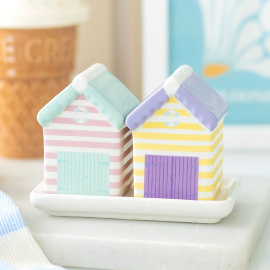 Pastel Beach Hut Salt & Pepper Shakers | Coastal Ceramic Kitchen Set | Seaside Gift