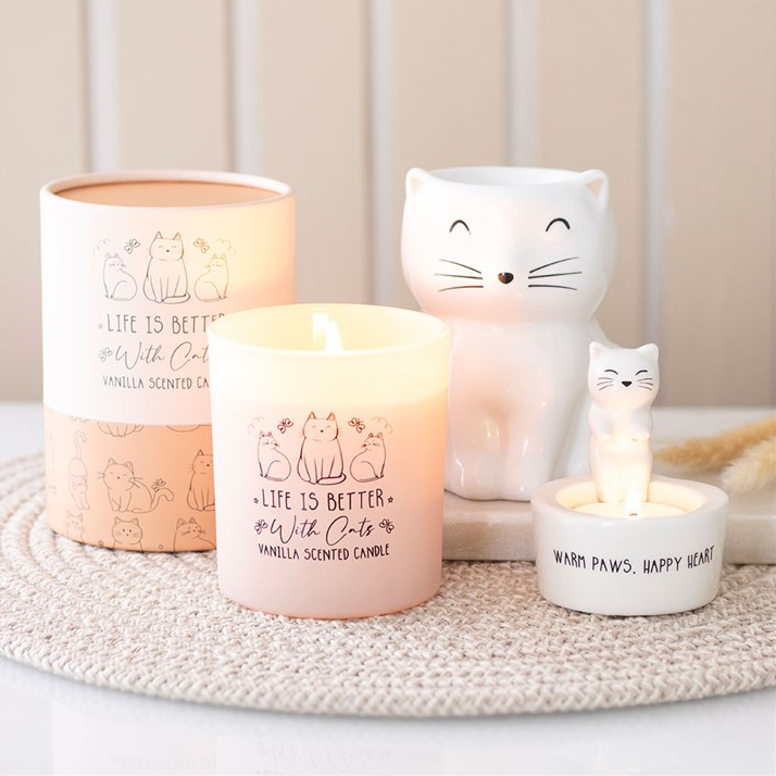 White Happy Cat Oil Burner | Ceramic Sitting Cat Wax Warmer | Cat Lover Gift