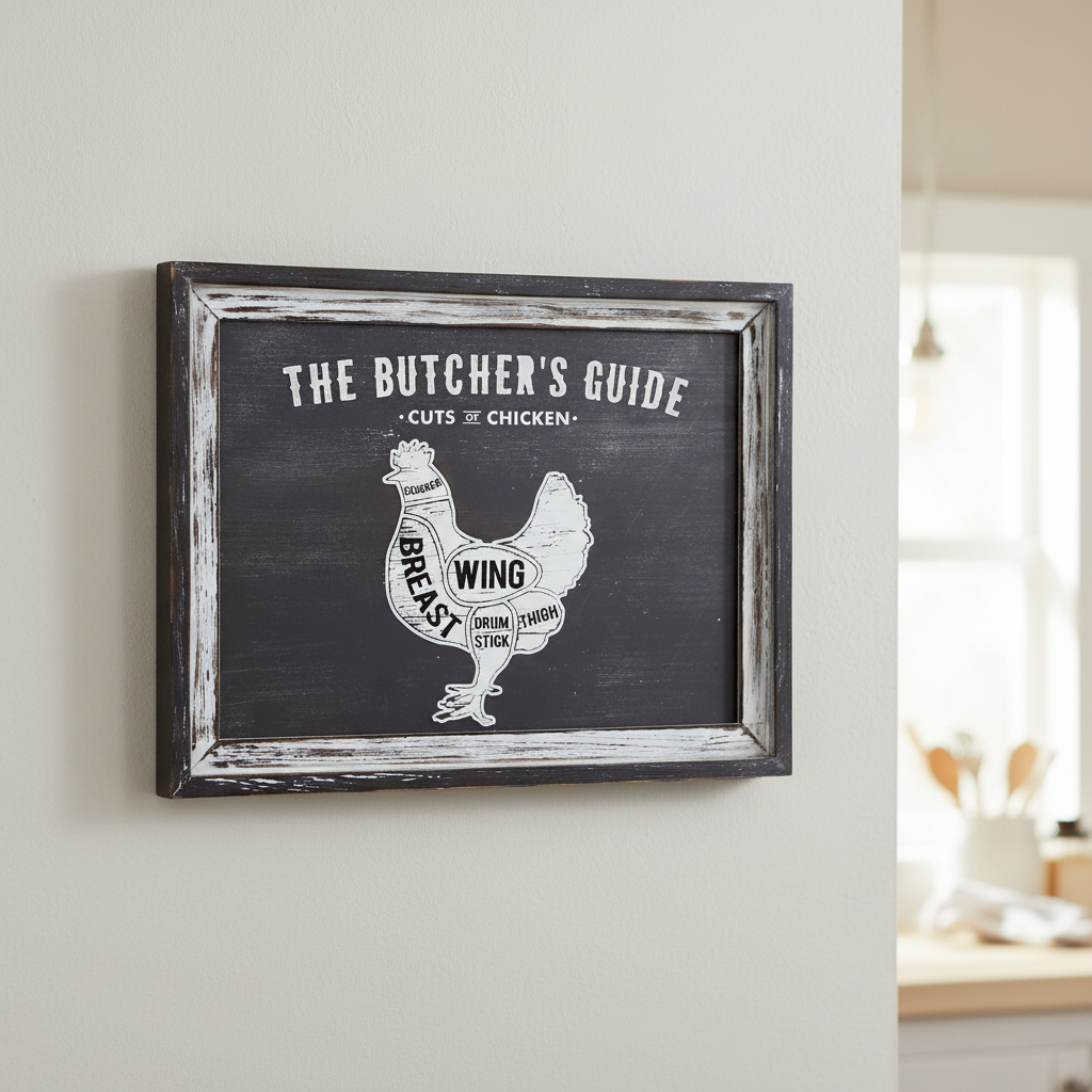 Framed butcher's guide chart for chicken cuts on a wall in a kitchen.