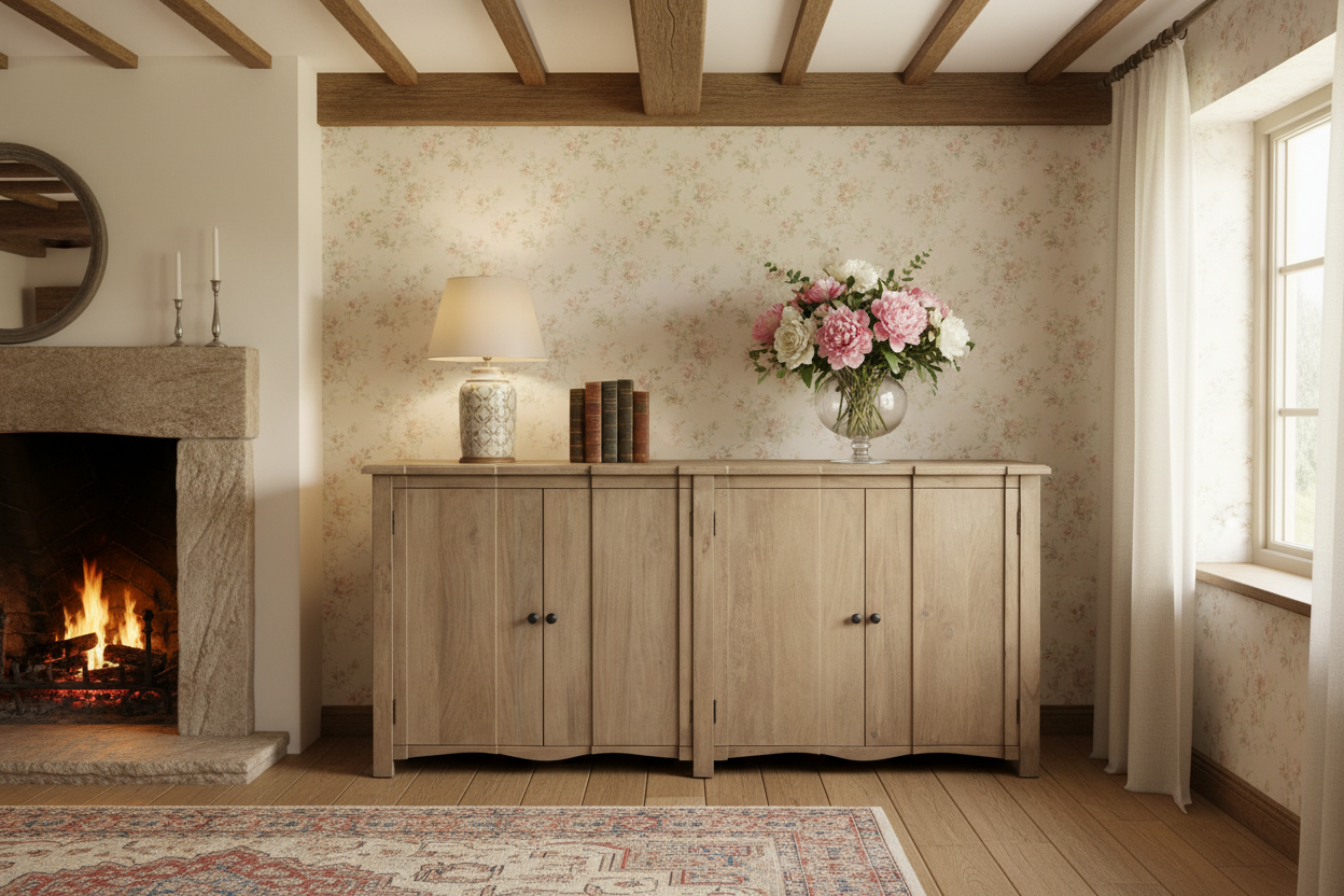 Wooden sideboard with flowers and books in a room with a fireplace and patterned wallpaper.