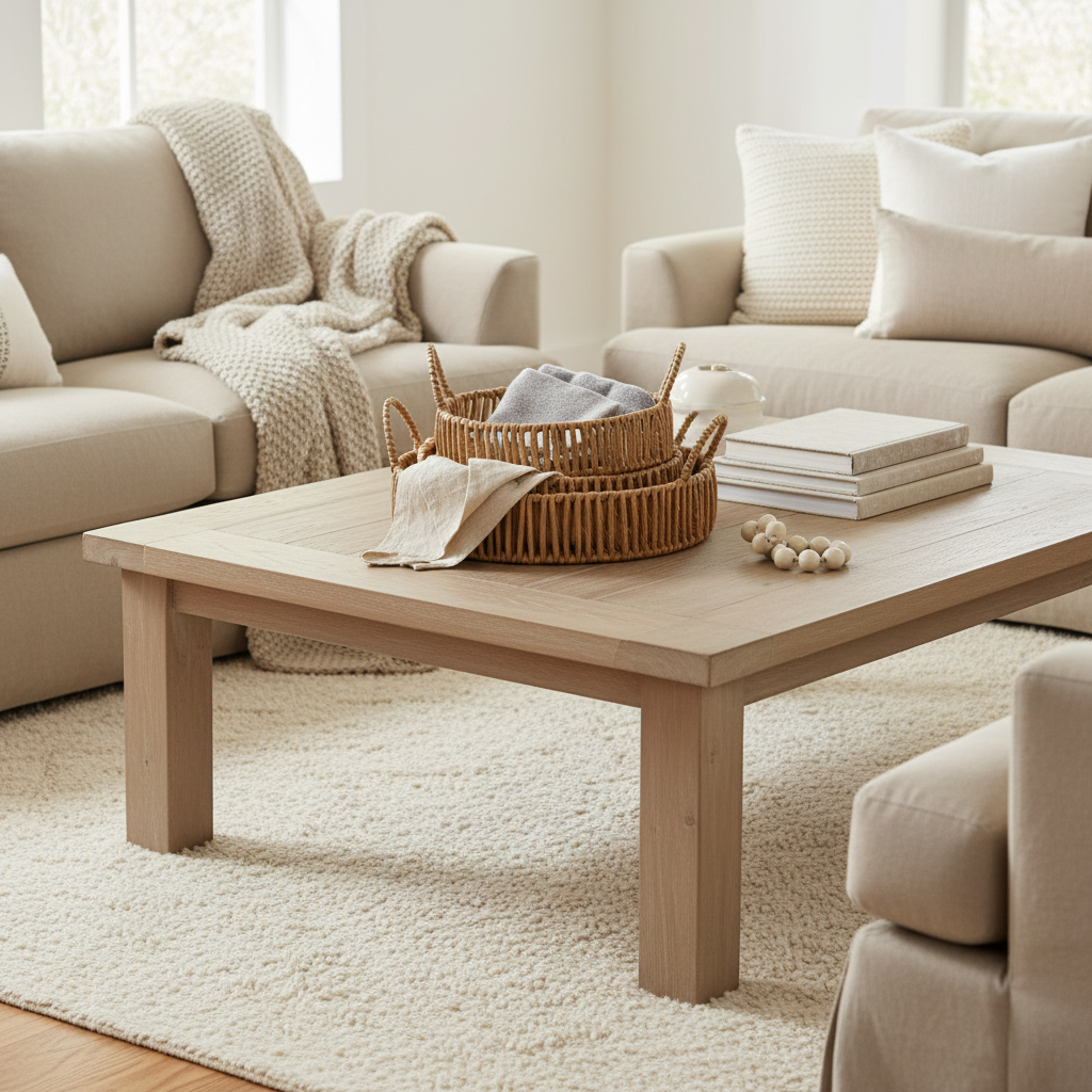 Baskets shown in a living room with beige sofas and a wooden coffee table