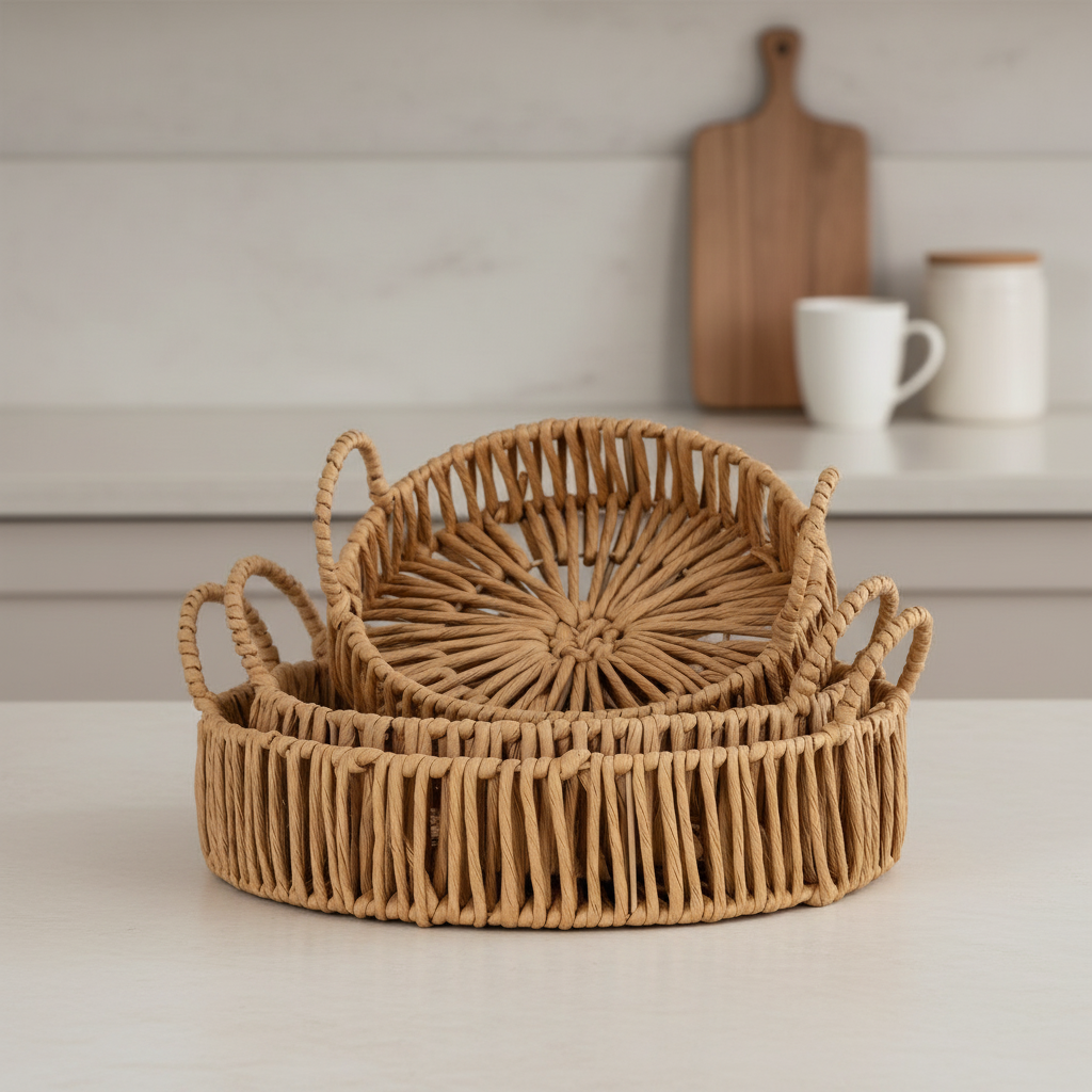 Set of woven baskets on a neutral background