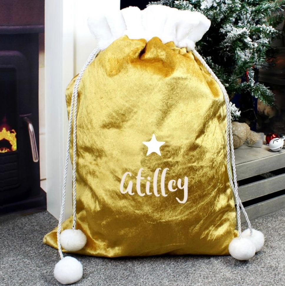 Personalised Name Only Gold Luxury Pom Pom Sack