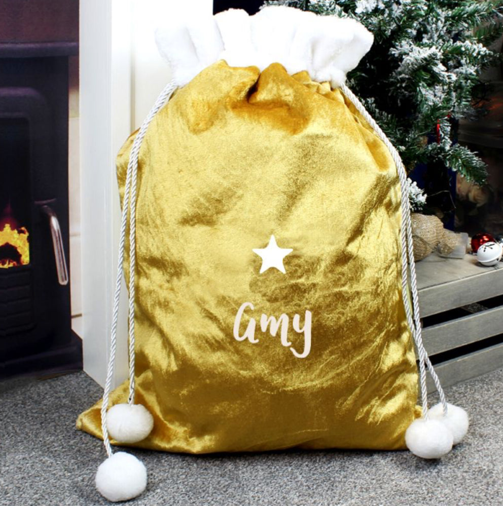 Personalised Name Only Gold Luxury Pom Pom Sack