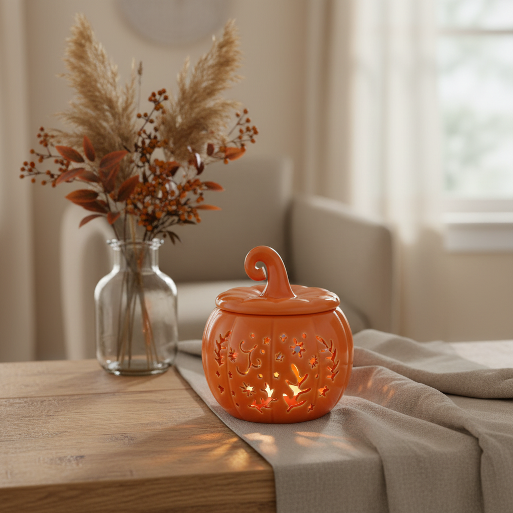 Orange Folk Pumpkin Oil Burner & Wax Warmer | Folk Art Halloween Ceramic Burner | Autumn Gift