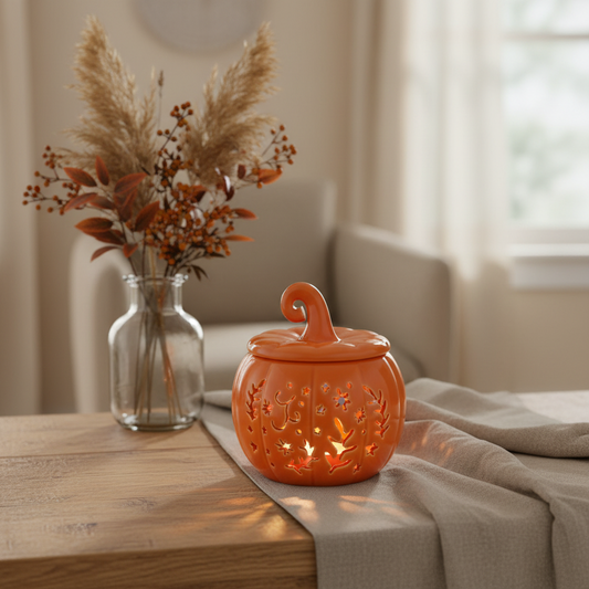 Orange Folk Pumpkin Oil Burner & Wax Warmer | Folk Art Halloween Ceramic Burner | Autumn Gift