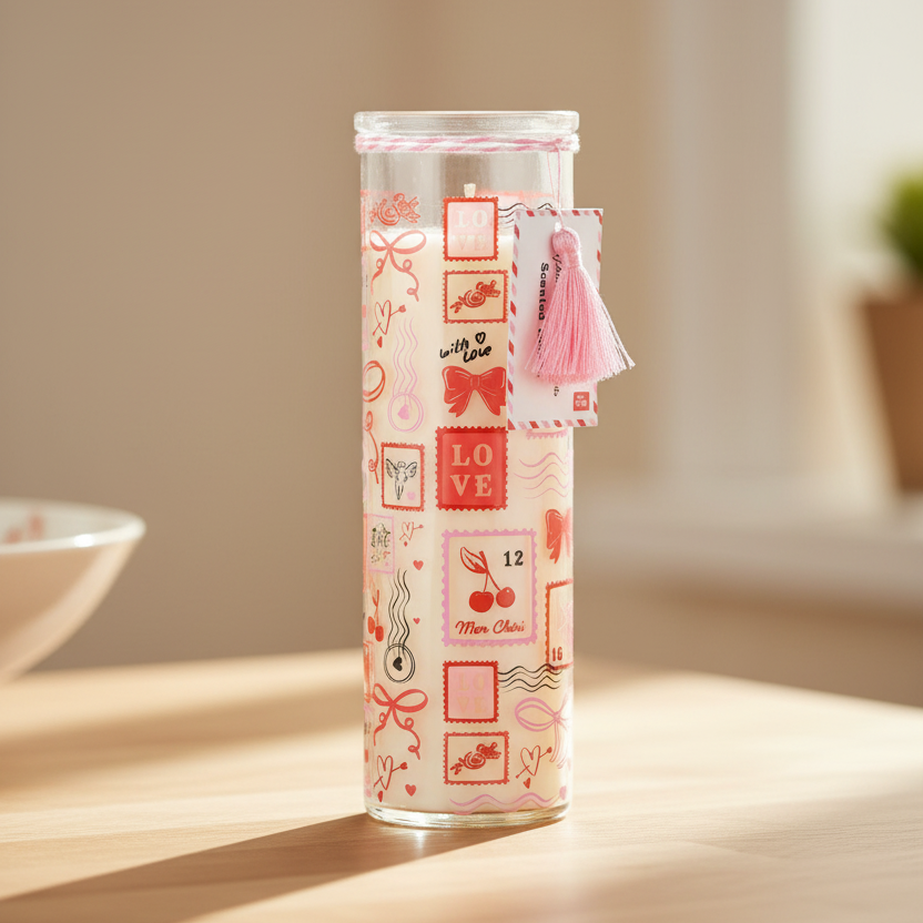 Valentine Postage Stamp Print Sparkling Rose Tube Candle