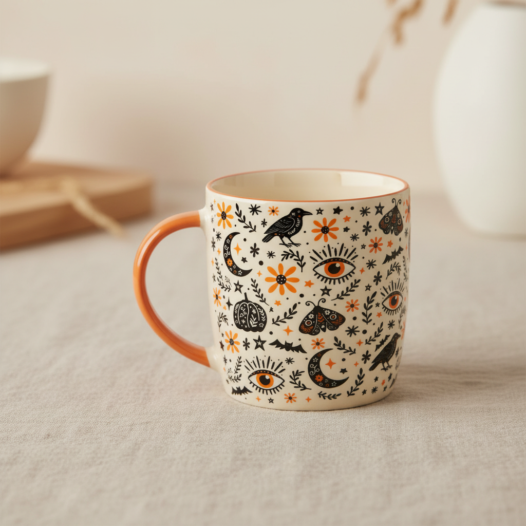 Frightful Folk Print Mug | Halloween Folk Art Ceramic Mug | Gothic Autumn Gift for Her