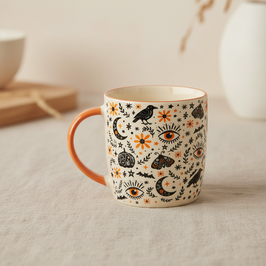 Frightful Folk Print Mug | Halloween Folk Art Ceramic Mug | Gothic Autumn Gift for Her