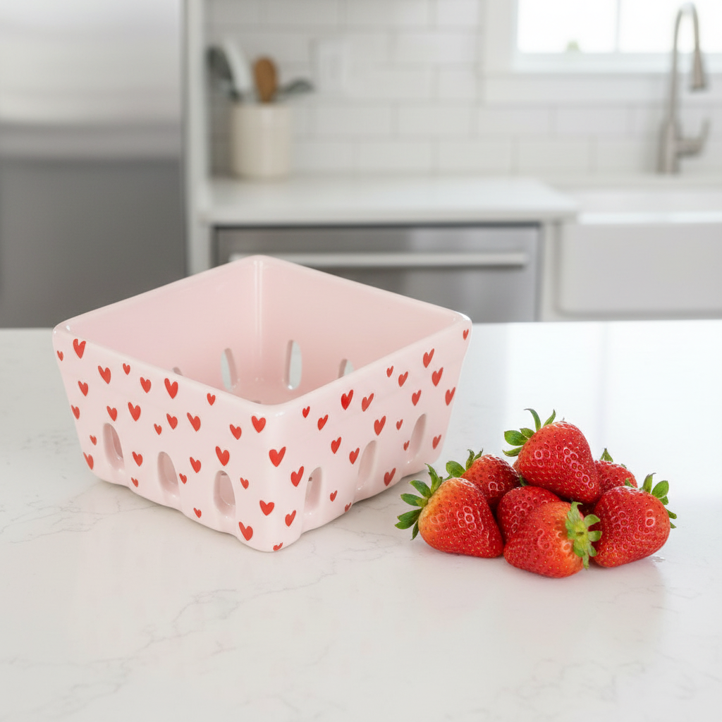Pink ceramic fruit storage basket with red heart pattern on a white background
