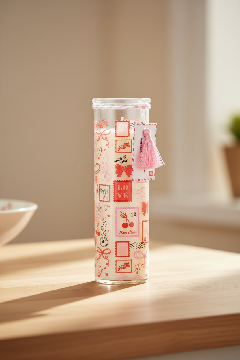 Valentine Postage Stamp Print Sparkling Rose Tube Candle