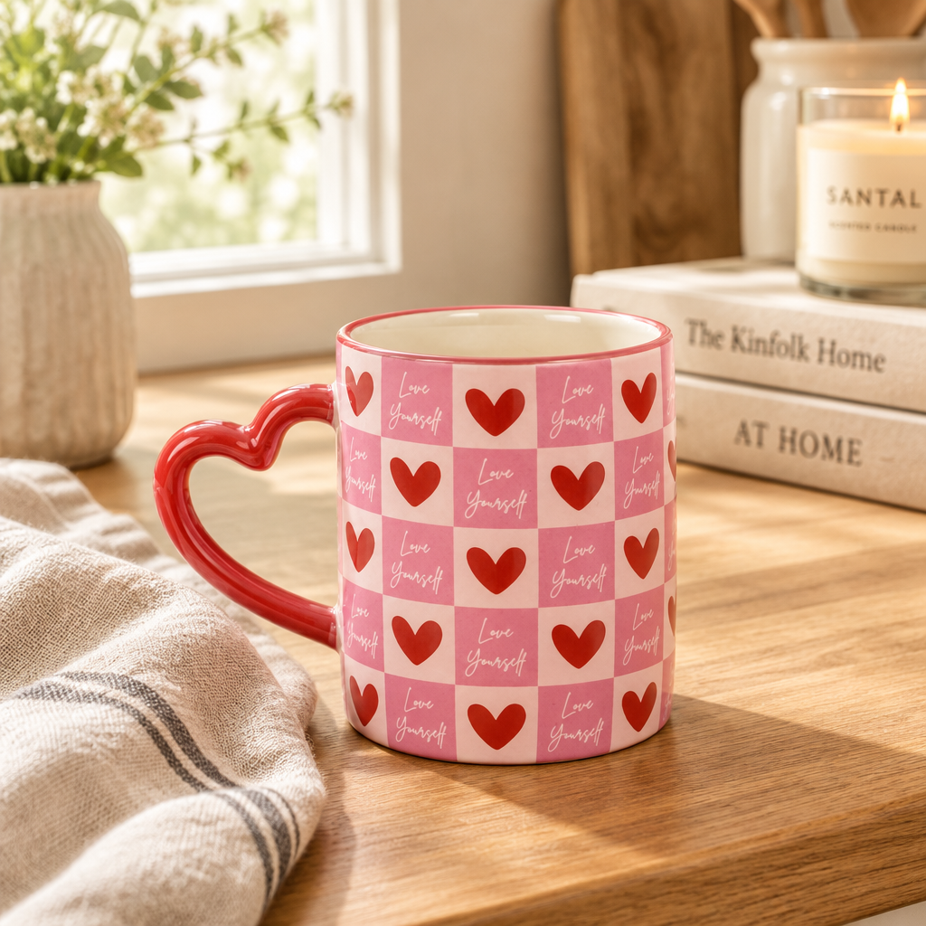 Love Yourself Checkered Mug with Heart Handle