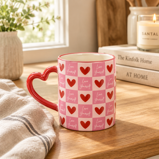 Love Yourself Checkered Mug with Heart Handle