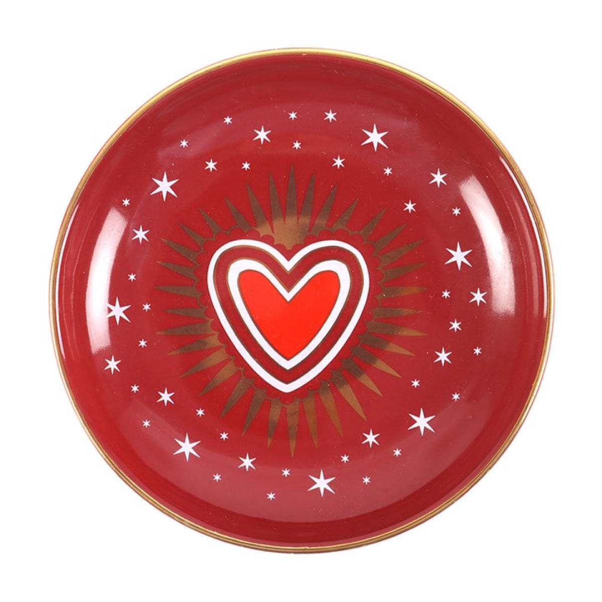 Red trinket dish with a heart design and gold rim on a white background