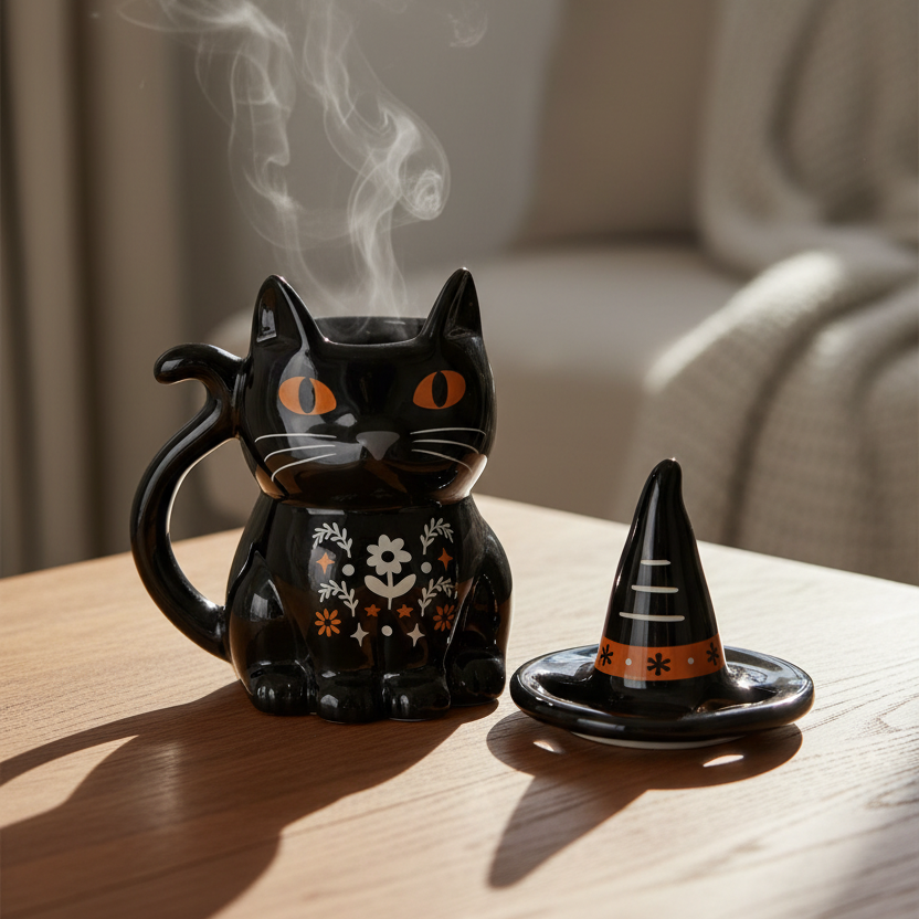 Frightful Folk Black Cat Lidded Mug | Witchy Halloween Drinkware & Gothic Gift