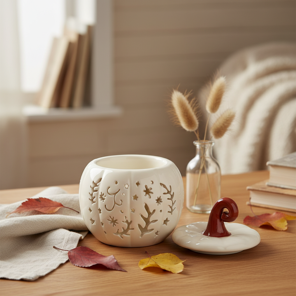 Cream Folk Pumpkin Oil Burner & Wax Warmer | Folk Art Halloween Ceramic Burner | Autumn Gift